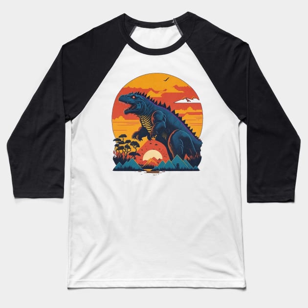 Godzilla Love Sunset Baseball T-Shirt by elmejikono